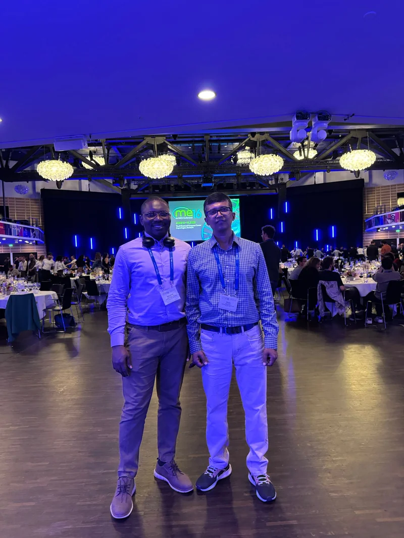 Two attendees at the Metabolic Engineering 16 conference in Copenhagen, Denmark, in 2025