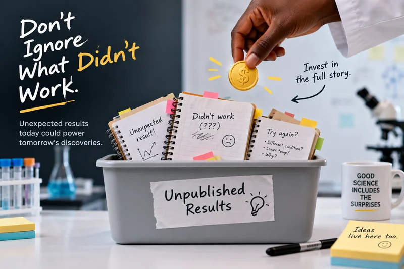 Hidden in lab notebooks, unexpected and unpublished results may hold valuable clues for future discoveries. Image credit: AI-generated conceptual illustration, Abraham Osinuga (2026) | abeo.dev